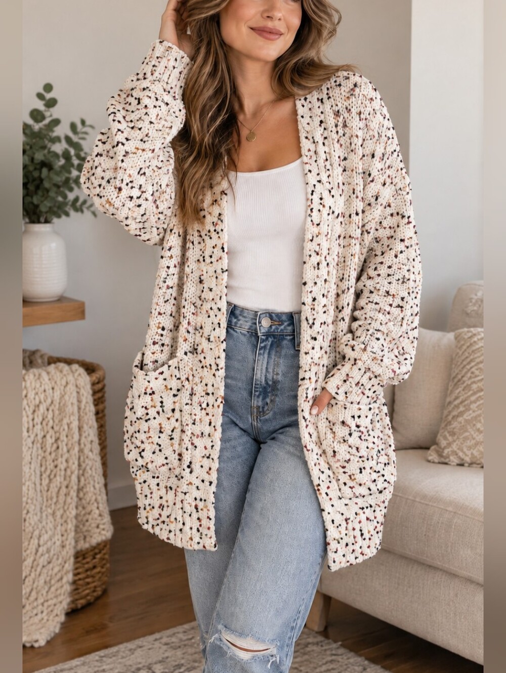 Staccato Cream Speckled Open Front Cardigan Multicolor Knit M